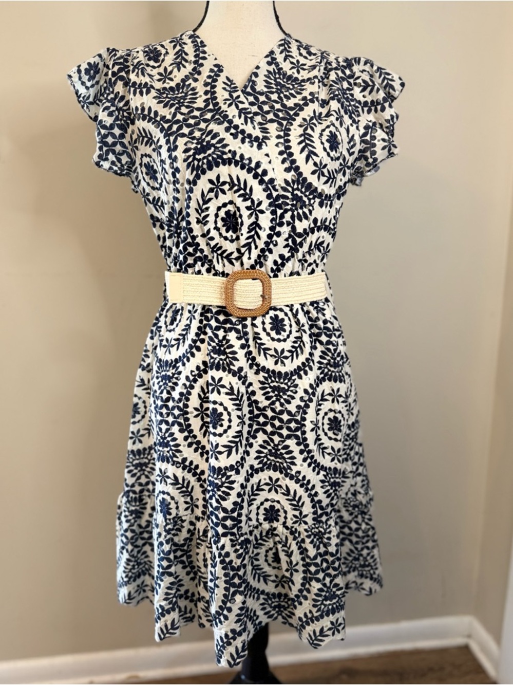 Women’s Navy & White Printed Mini Dress with Belt